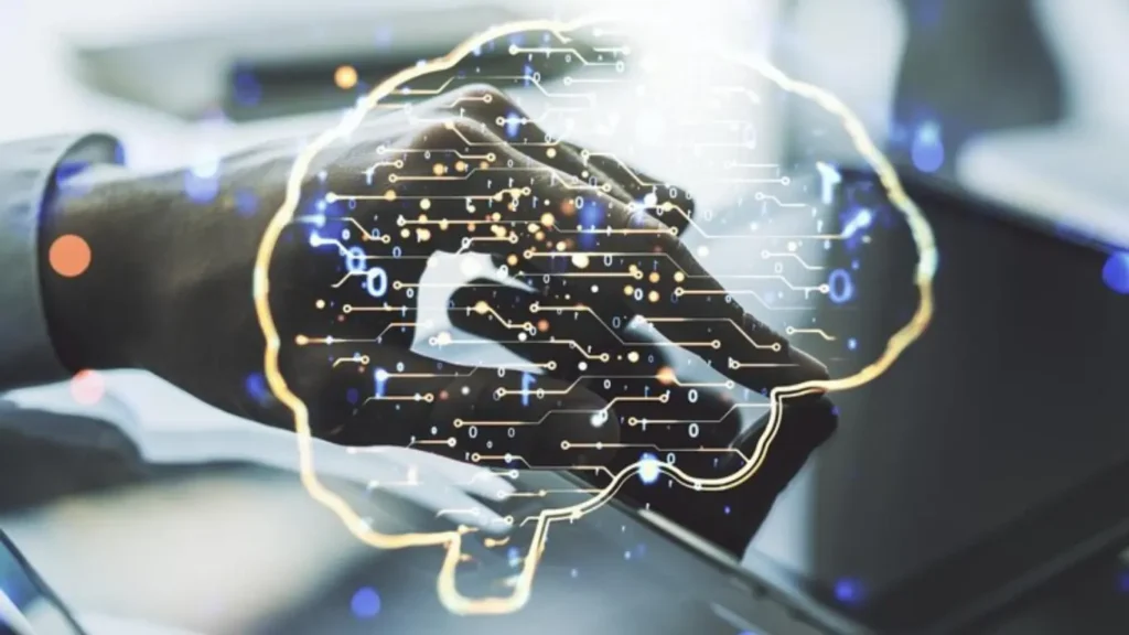 Digital brain circuitry overlay on hand using a tablet, illustrating innovative future of AI solutions