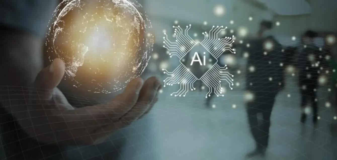 Futuristic neural network symbol with hands on digital device, showing advanced future of AI interaction