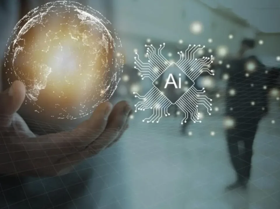 Futuristic neural network symbol with hands on digital device, showing advanced future of AI interaction