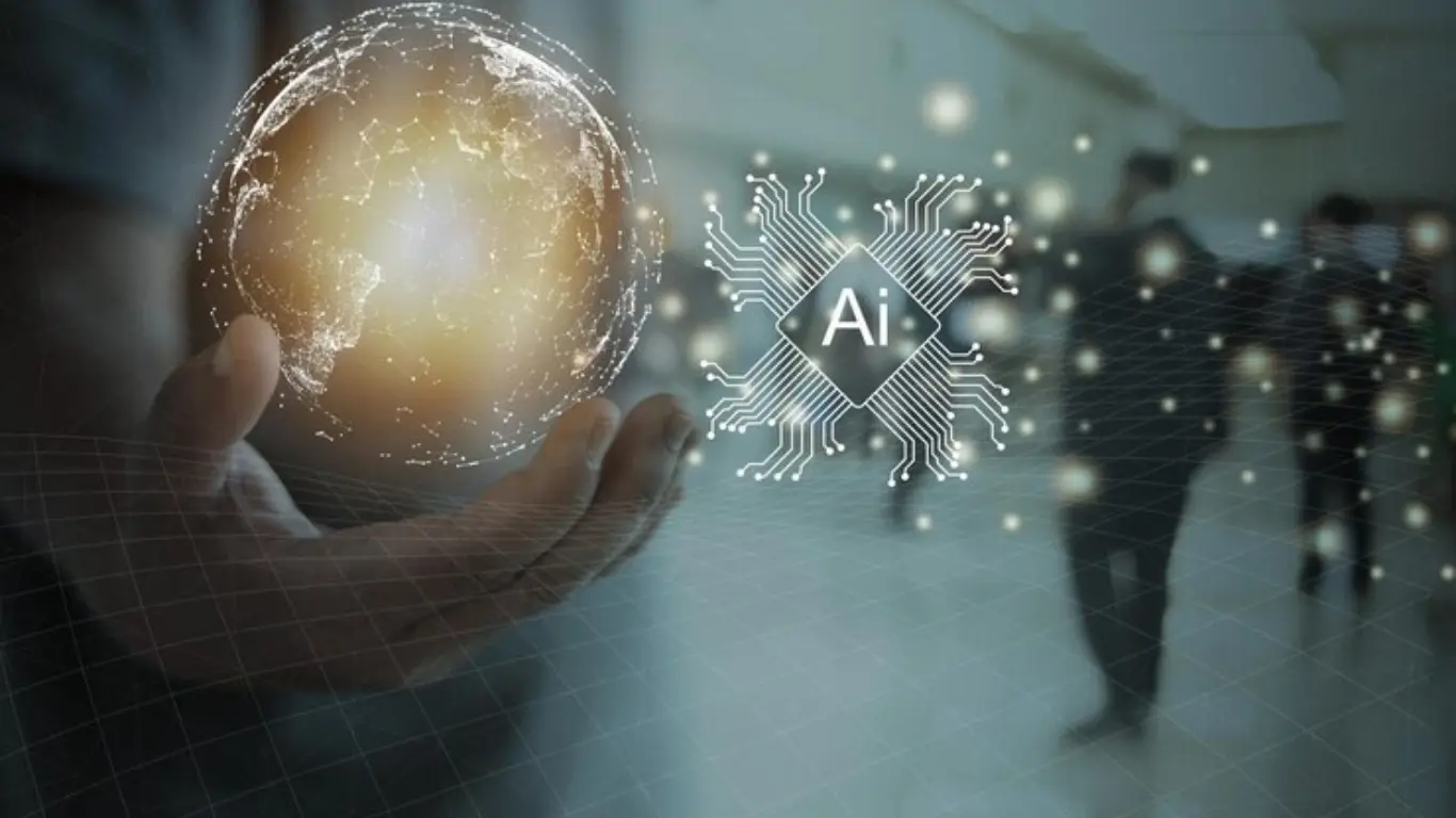 Futuristic neural network symbol with hands on digital device, showing advanced future of AI interaction