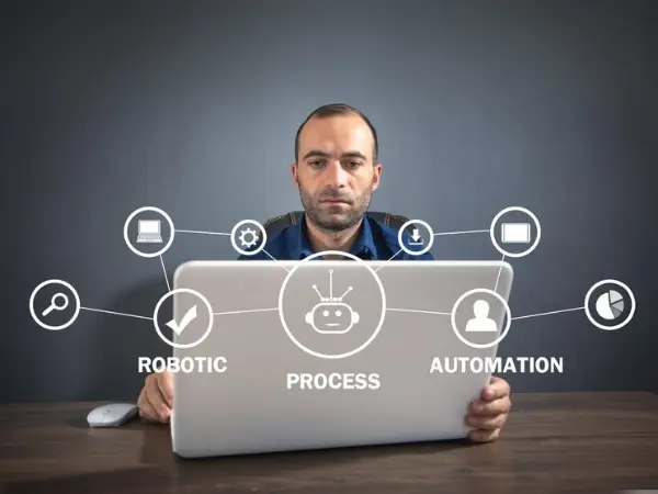 Hand on laptop with digital hologram of technology innovation