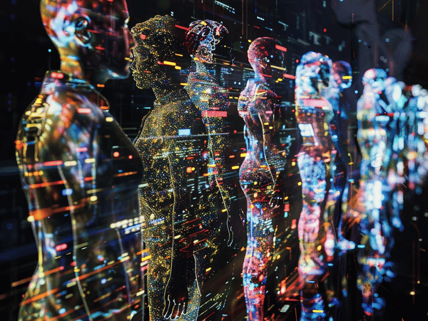 A row of abstract, semi-transparent human figures composed of glowing, colorful data points and lines, suggesting digital consciousness or a data stream.