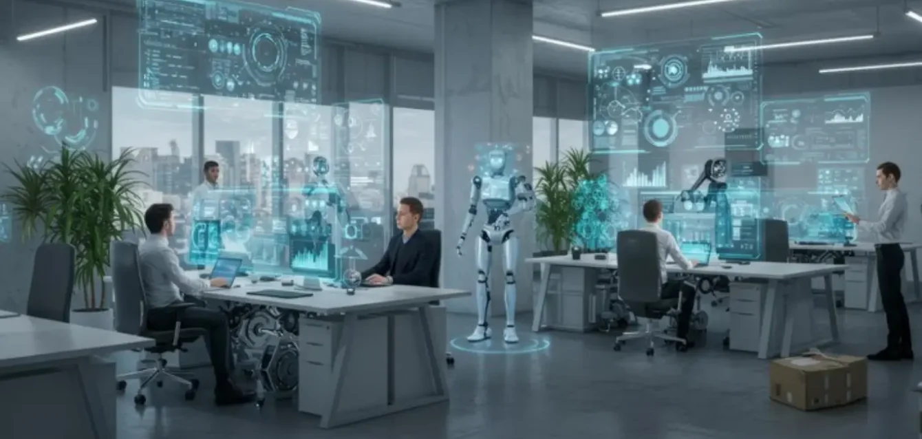 AI-Driven Workplace with Digital Data Visualization A futuristic office environment with holographic displays showing data and AI interfaces, symbolizing advanced AI usage in business.