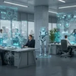 A futuristic office environment with holographic displays showing data and AI interfaces, symbolizing advanced AI usage in business.