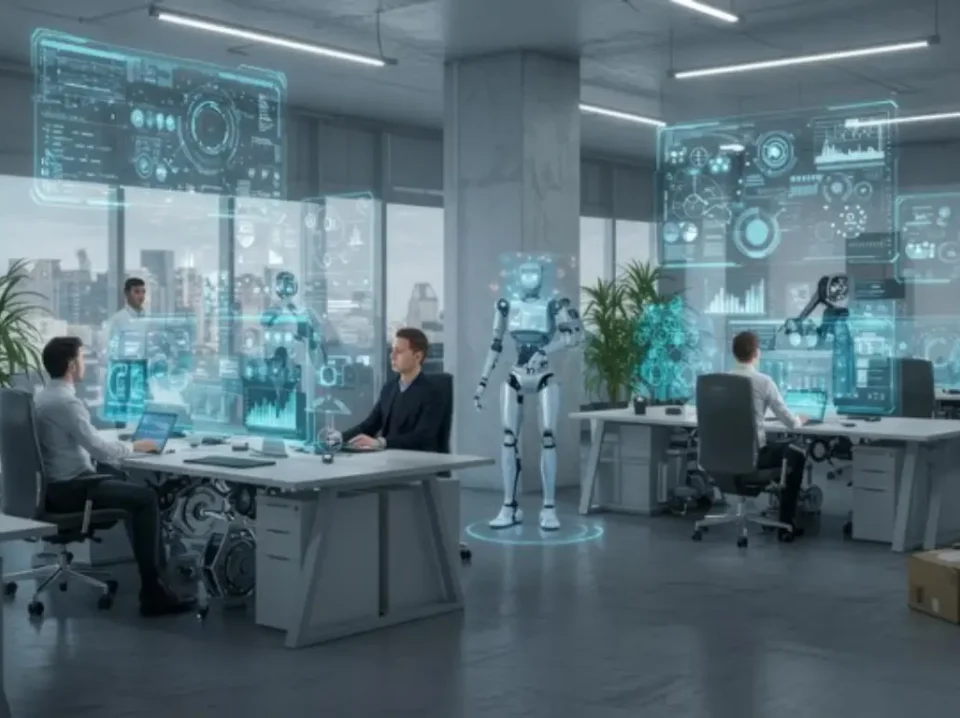 A futuristic office environment with holographic displays showing data and AI interfaces, symbolizing advanced AI usage in business.