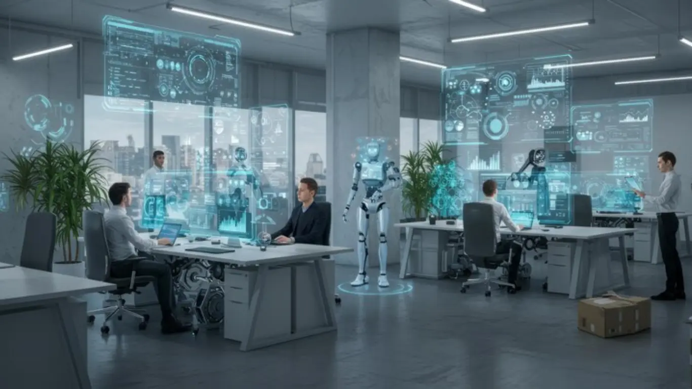 A futuristic office environment with holographic displays showing data and AI interfaces, symbolizing advanced AI usage in business.